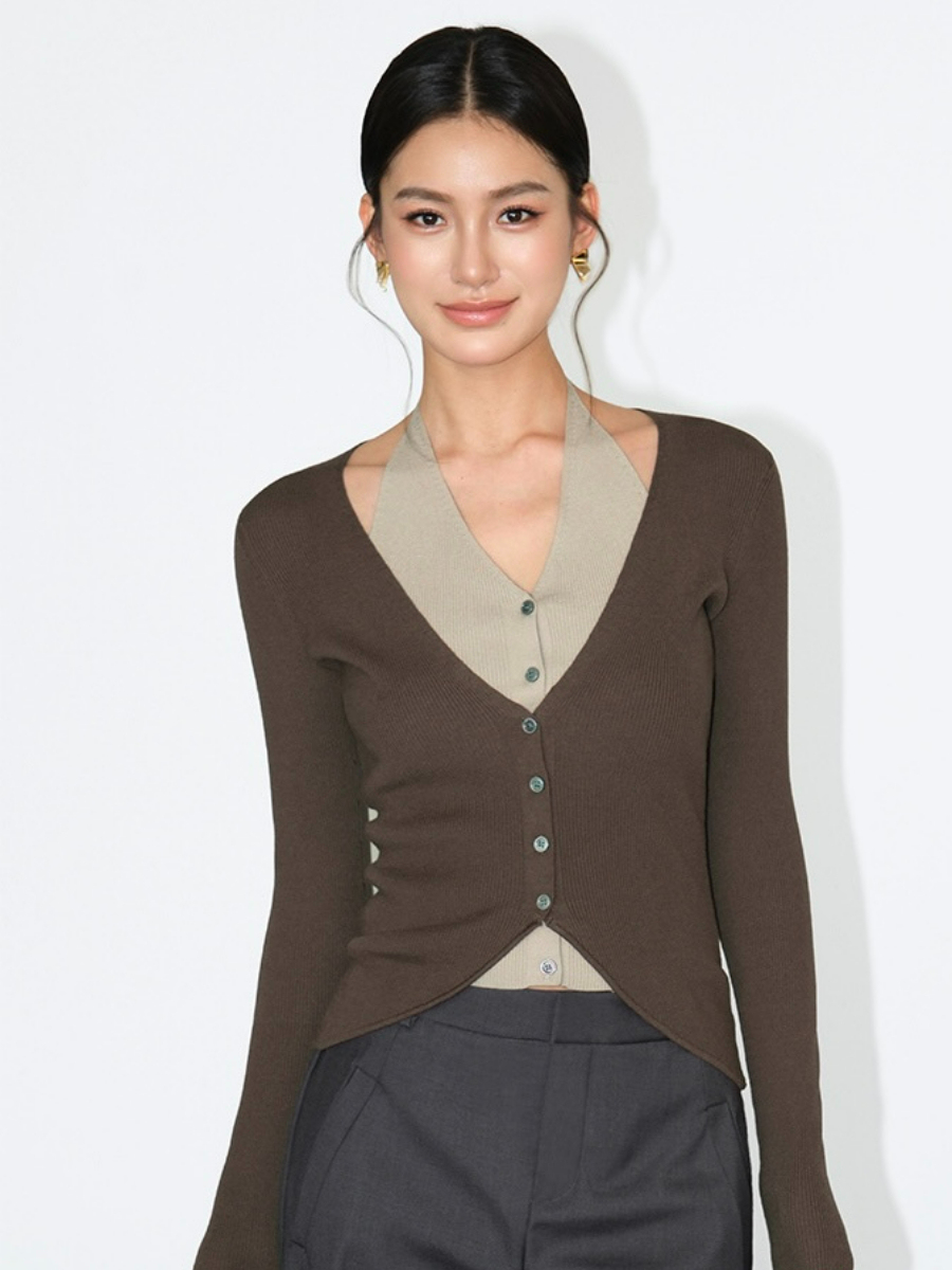 Julian Fake Two Pieces Halter Neck Knit Top-The Black Bow-