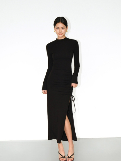 Jessyca Mid Neck Drawstring Side Slide Dress-The Black Bow-