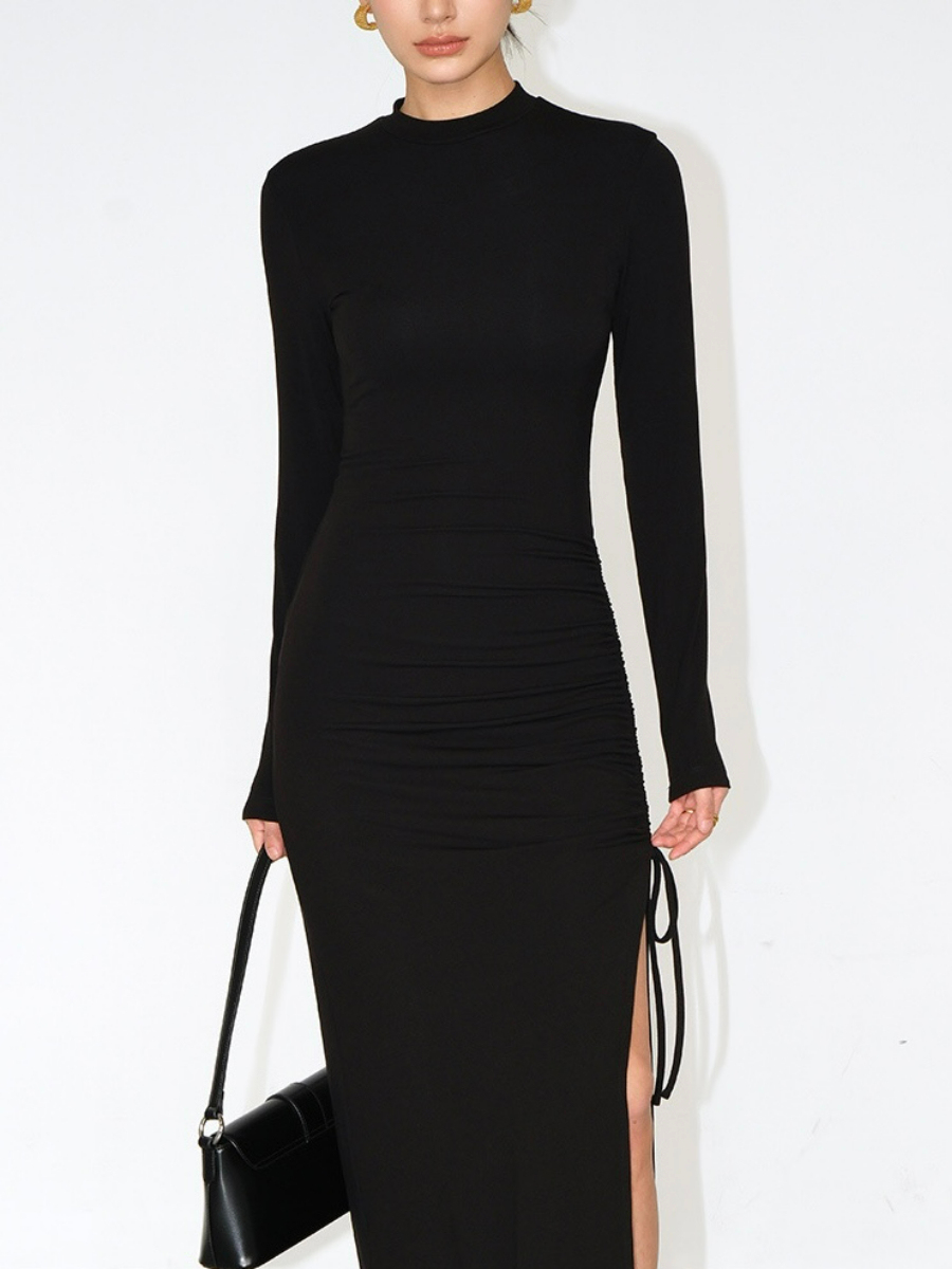 Jessyca Mid Neck Drawstring Side Slide Dress-The Black Bow-