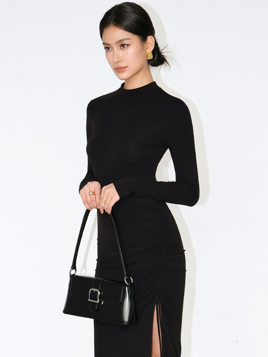 Jessyca Mid Neck Drawstring Side Slide Dress-The Black Bow-