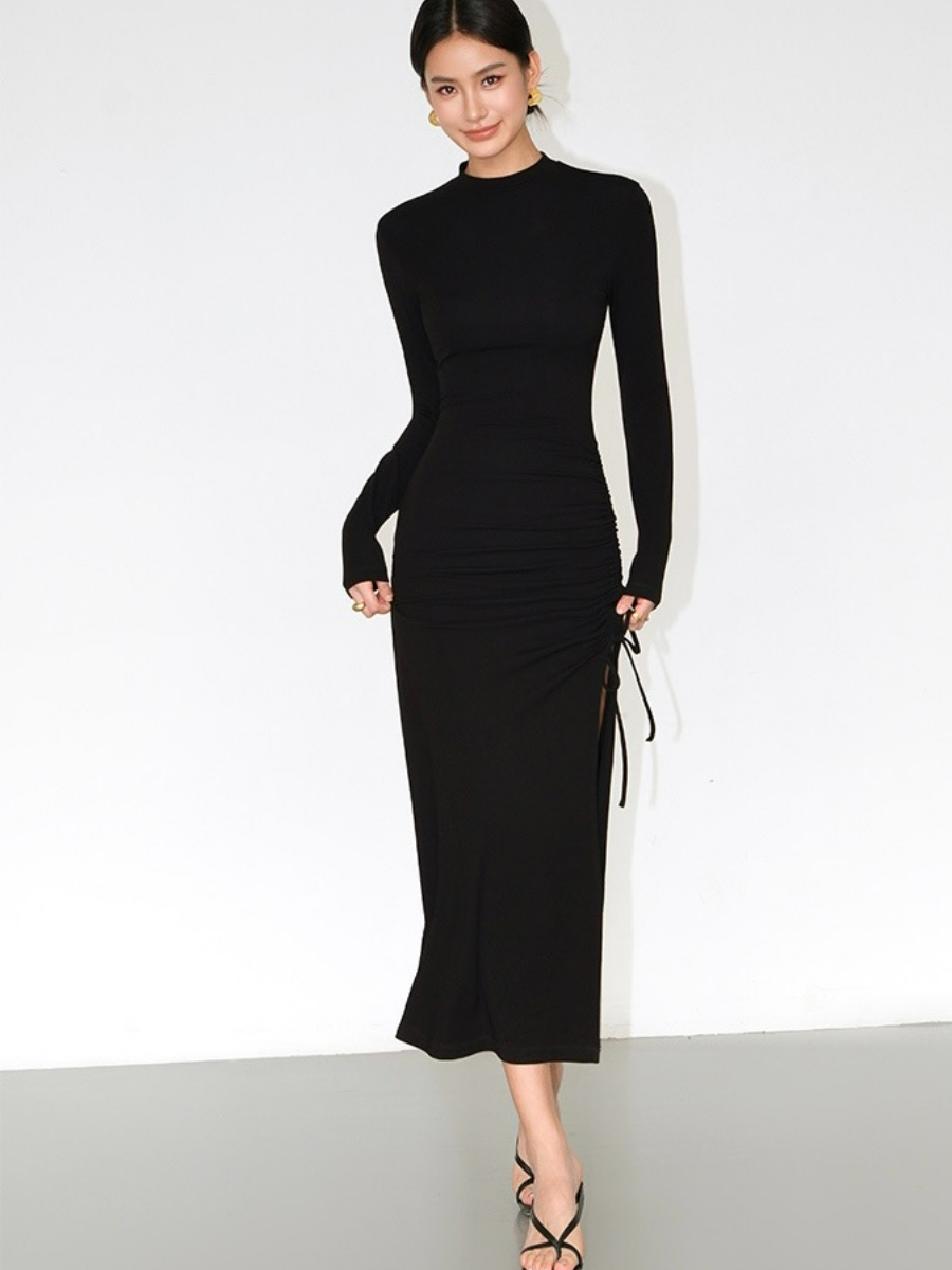 Jessyca Mid Neck Drawstring Side Slide Dress-The Black Bow-