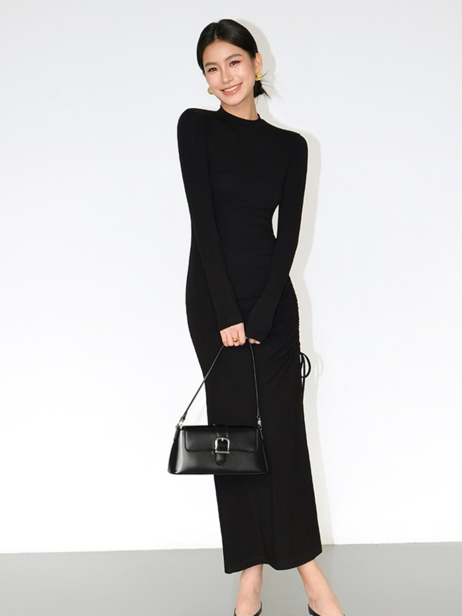 Jessyca Mid Neck Drawstring Side Slide Dress-The Black Bow-