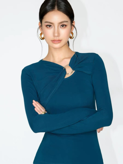 Janey Asymmetric Collar Long Sleeve Knit Top-The Black Bow-