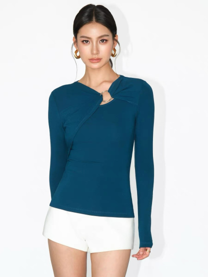 Janey Asymmetric Collar Long Sleeve Knit Top-The Black Bow-
