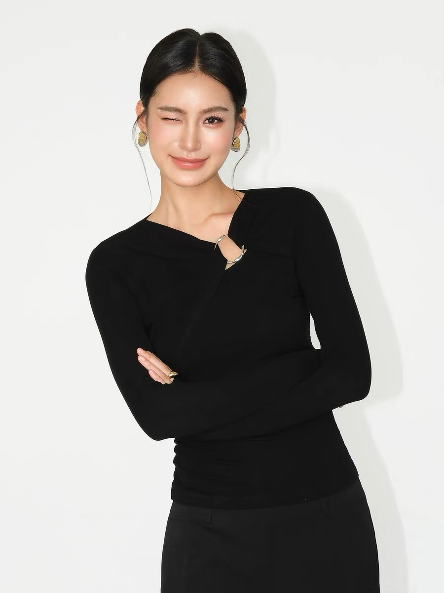 Janey Asymmetric Collar Long Sleeve Knit Top-The Black Bow-