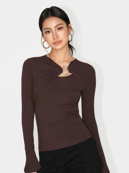 Janey Asymmetric Collar Long Sleeve Knit Top-The Black Bow-