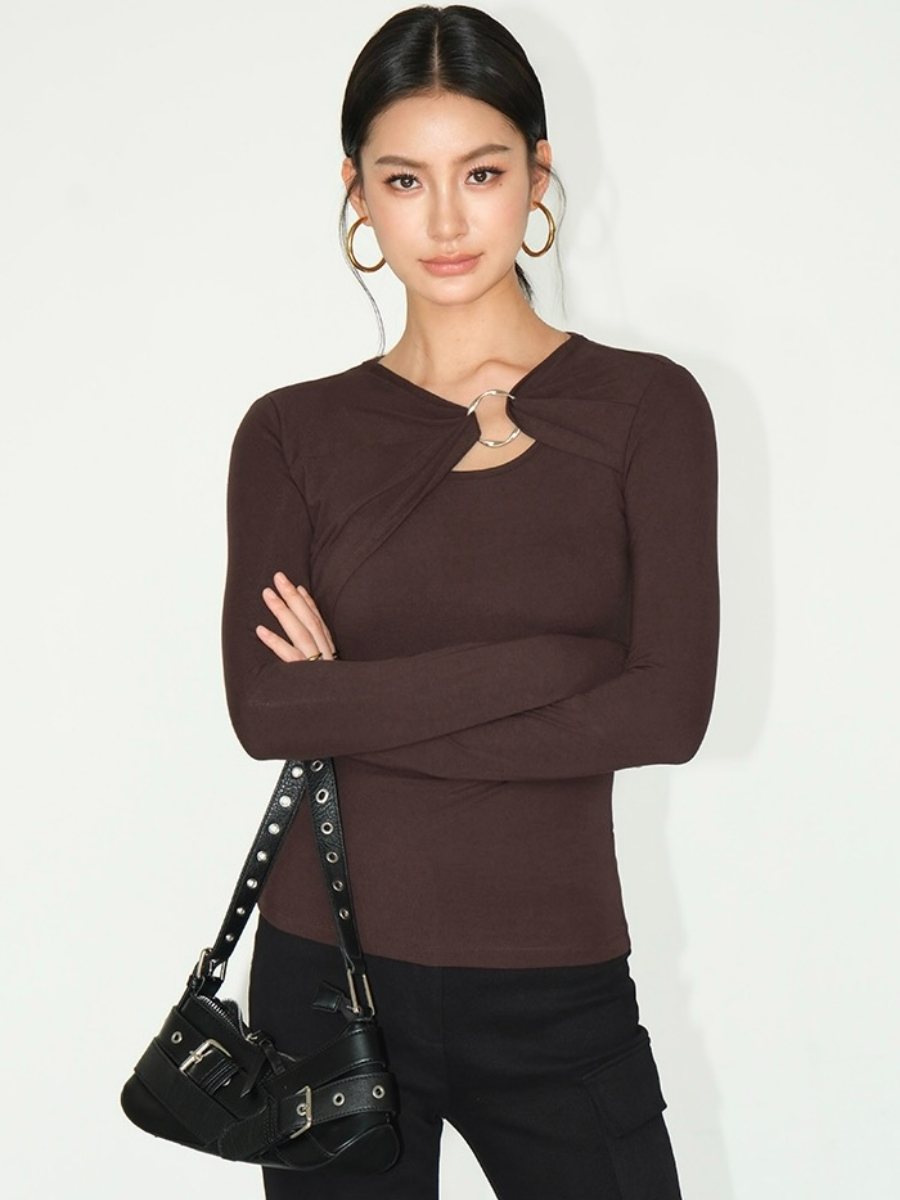 Janey Asymmetric Collar Long Sleeve Knit Top-The Black Bow-