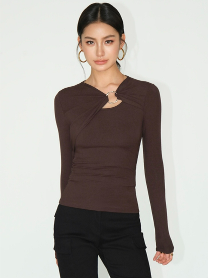 Janey Asymmetric Collar Long Sleeve Knit Top-The Black Bow-