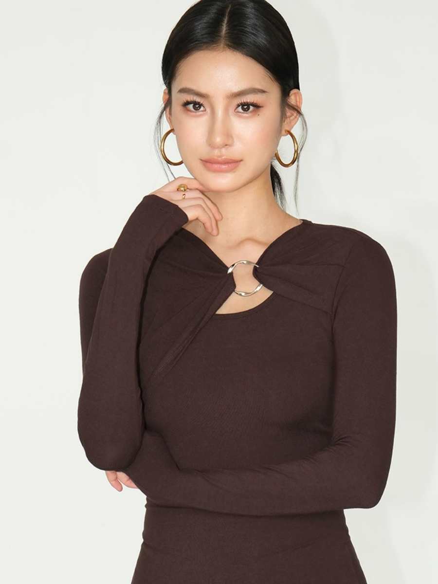 Janey Asymmetric Collar Long Sleeve Knit Top-The Black Bow-