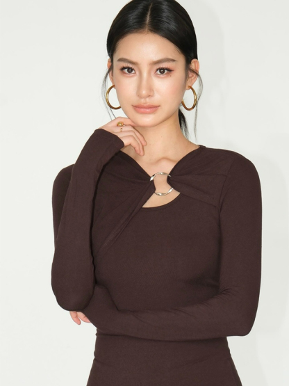 Janey Asymmetric Collar Long Sleeve Knit Top-The Black Bow-