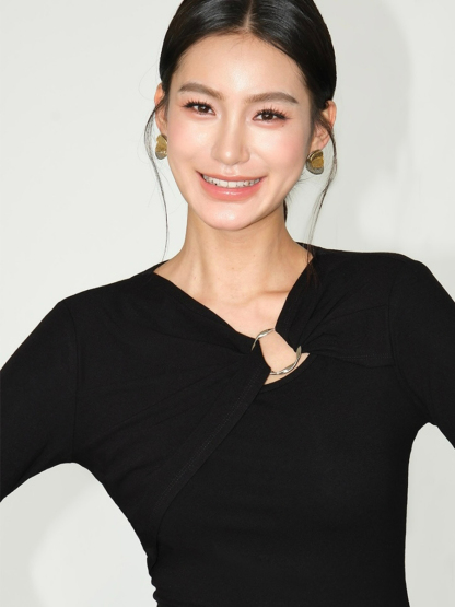 Janey Asymmetric Collar Long Sleeve Knit Top-The Black Bow-