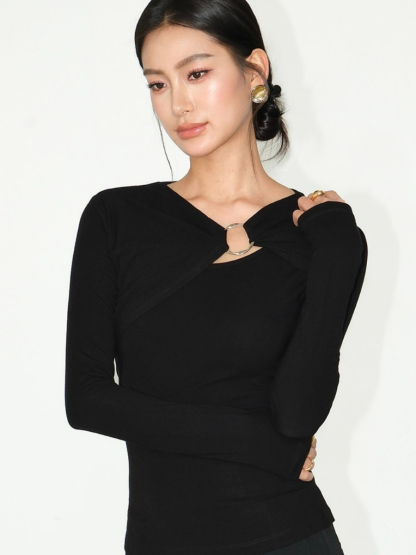 Janey Asymmetric Collar Long Sleeve Knit Top-The Black Bow-