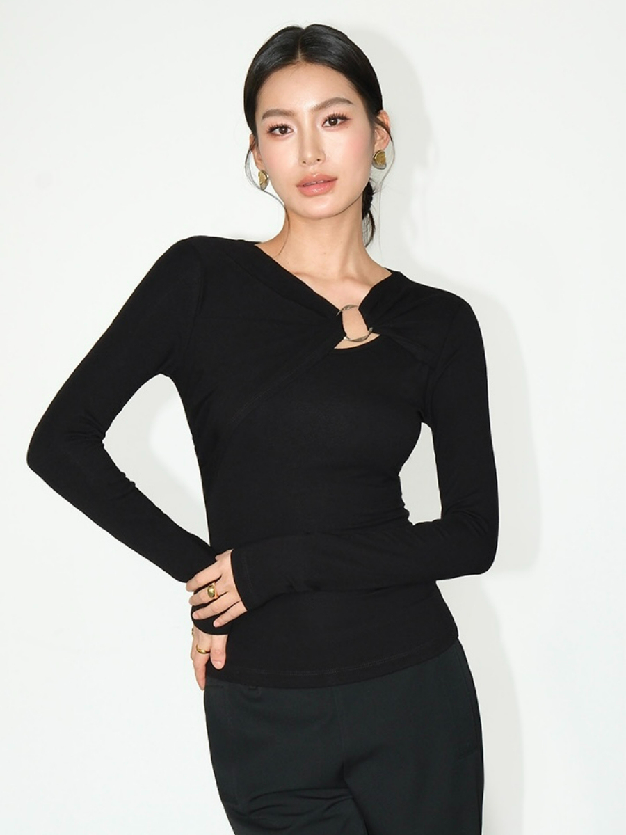 Janey Asymmetric Collar Long Sleeve Knit Top-The Black Bow-