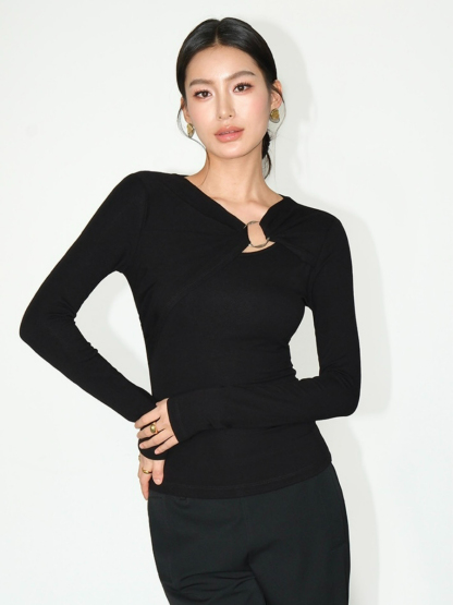Janey Asymmetric Collar Long Sleeve Knit Top-The Black Bow-