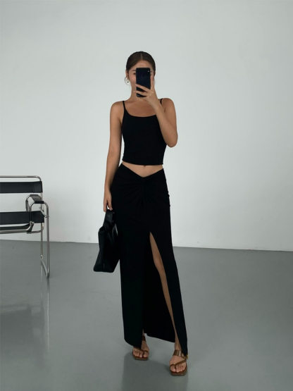 Milania Front Slit Knit Skirt-The Black Bow-