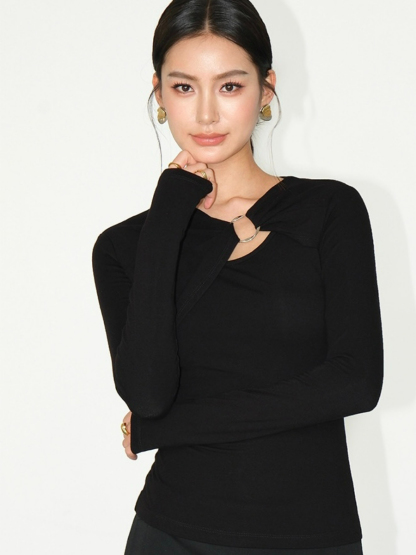 Janey Asymmetric Collar Long Sleeve Knit Top-The Black Bow-