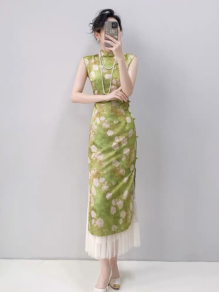 Ci Ni Cap Sleeve Floral Cheongsam