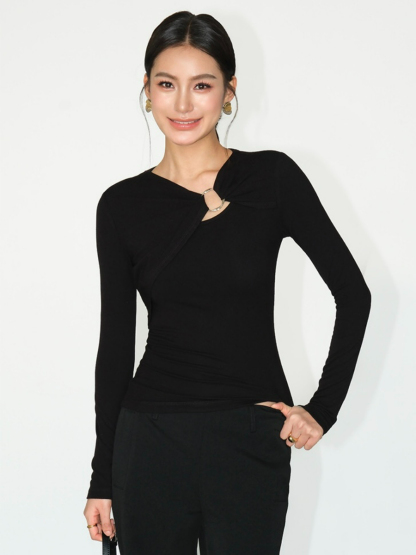 Janey Asymmetric Collar Long Sleeve Knit Top-The Black Bow-