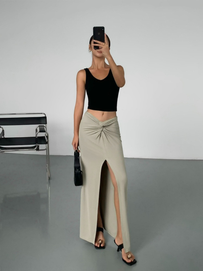 Milania Front Slit Knit Skirt-The Black Bow-