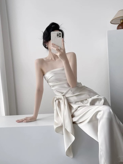 Mila Satin Bow Tie Top & Pants (Top & bottoms sold seperately)