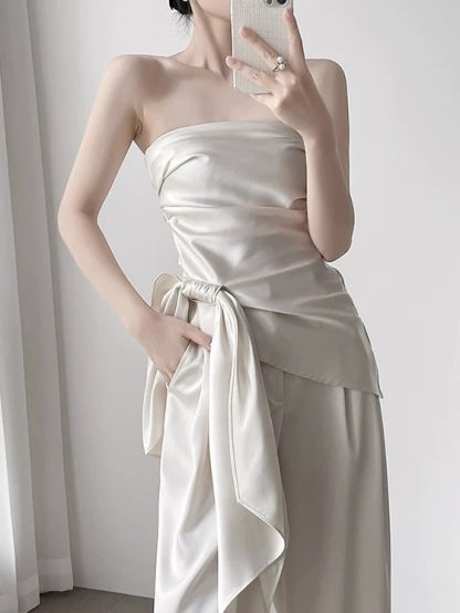 Mila Satin Bow Tie Top & Pants (Top & bottoms sold seperately)