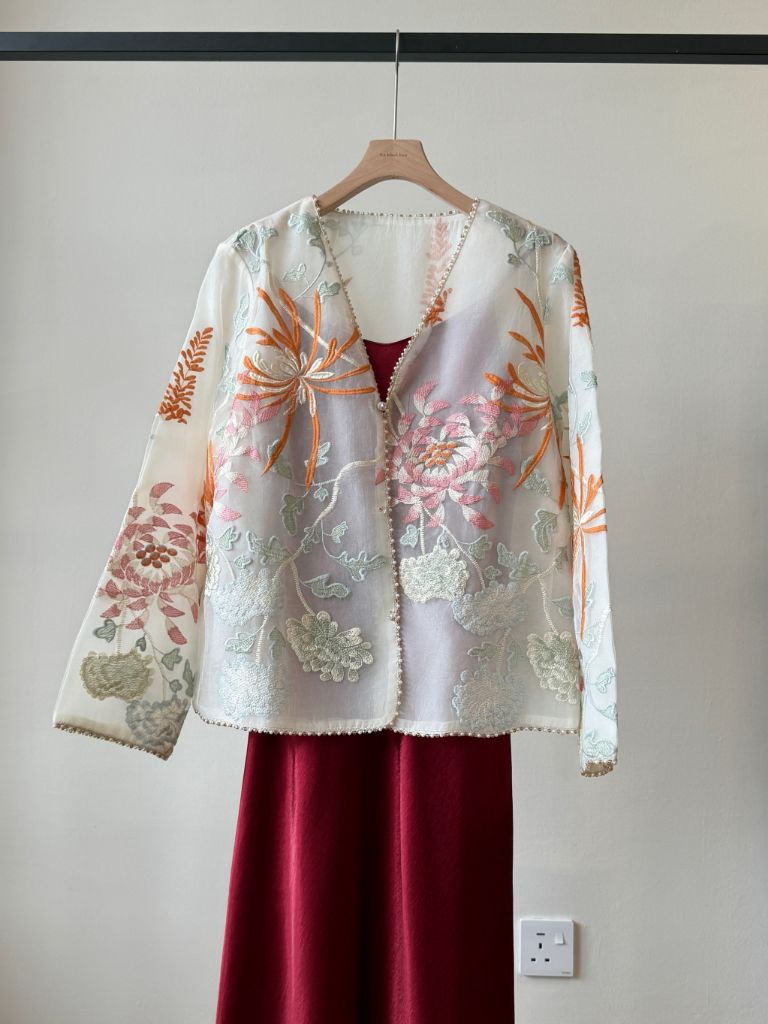 Li Ya Floral Embroided Long Sleeve Oriental Vest