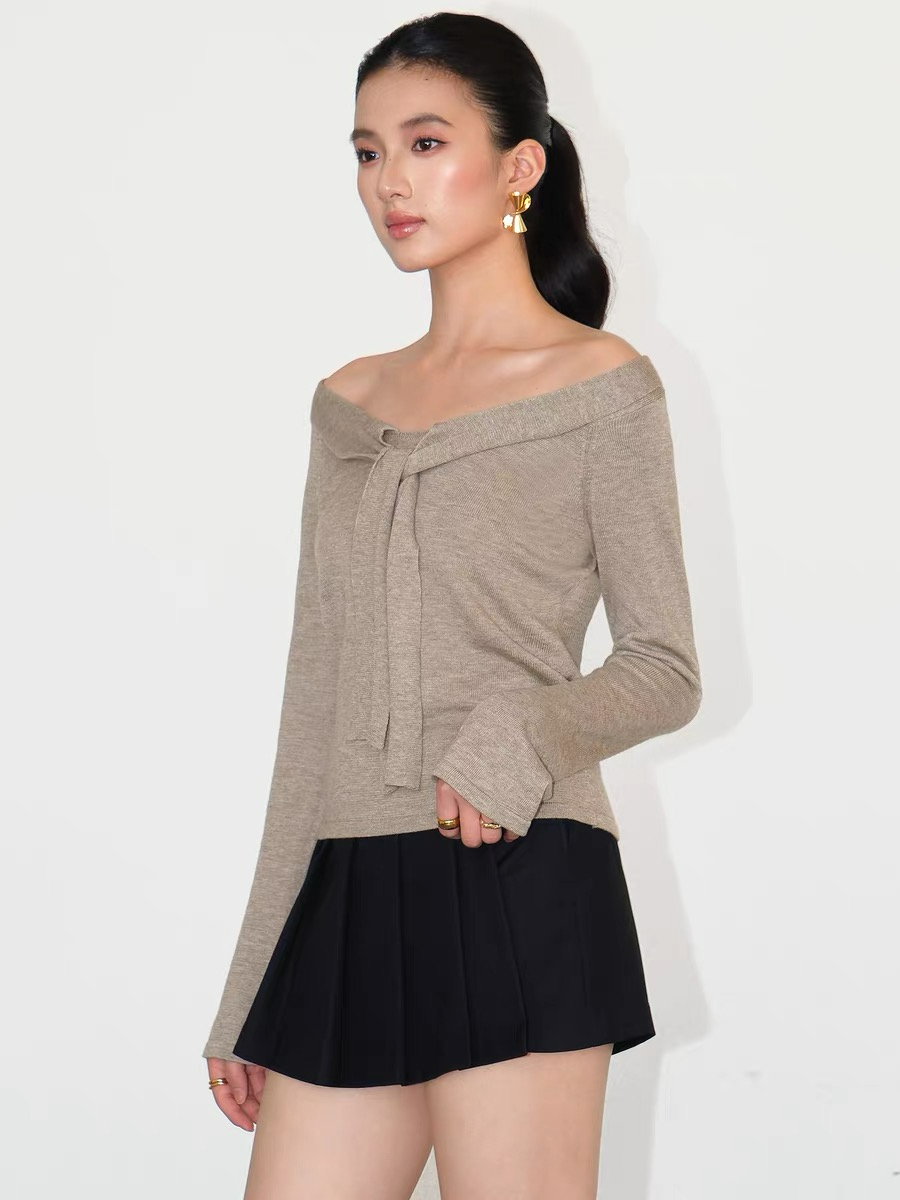 Joey Off Shoulder Tie Front Knit Top-The Black Bow-