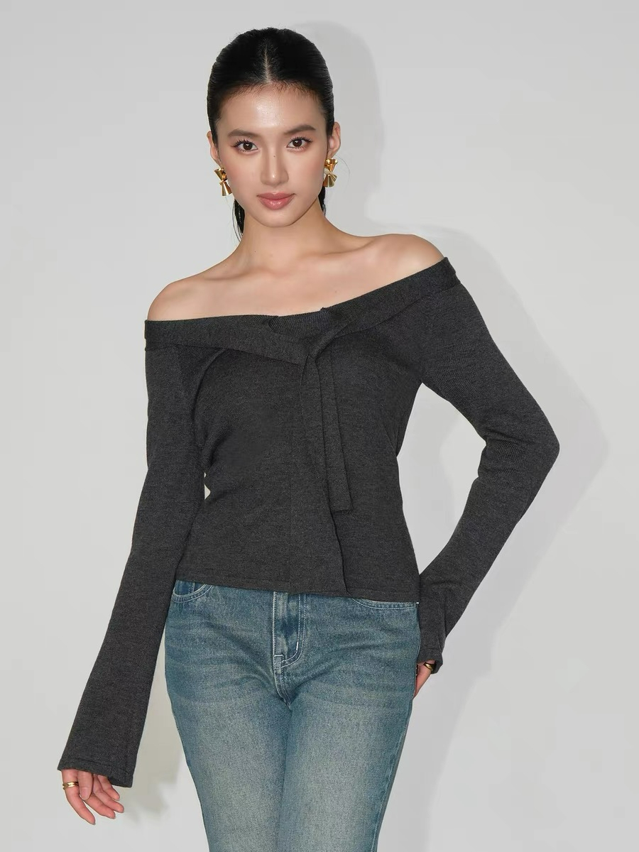Joey Off Shoulder Tie Front Knit Top-The Black Bow-