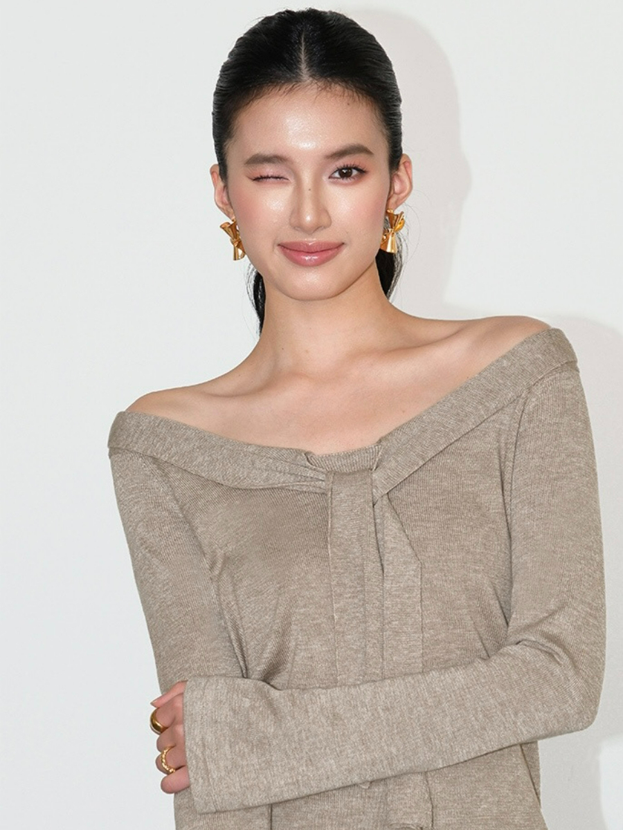 Joey Off Shoulder Tie Front Knit Top-The Black Bow-