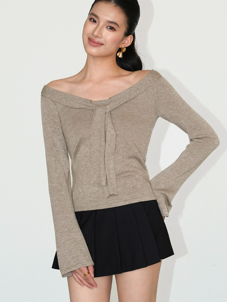 Joey Off Shoulder Tie Front Knit Top-The Black Bow-