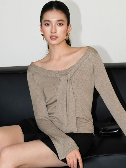 Joey Off Shoulder Tie Front Knit Top-The Black Bow-