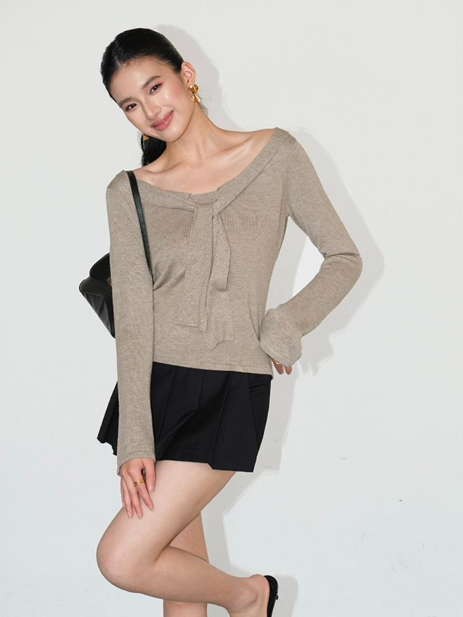 Joey Off Shoulder Tie Front Knit Top-The Black Bow-