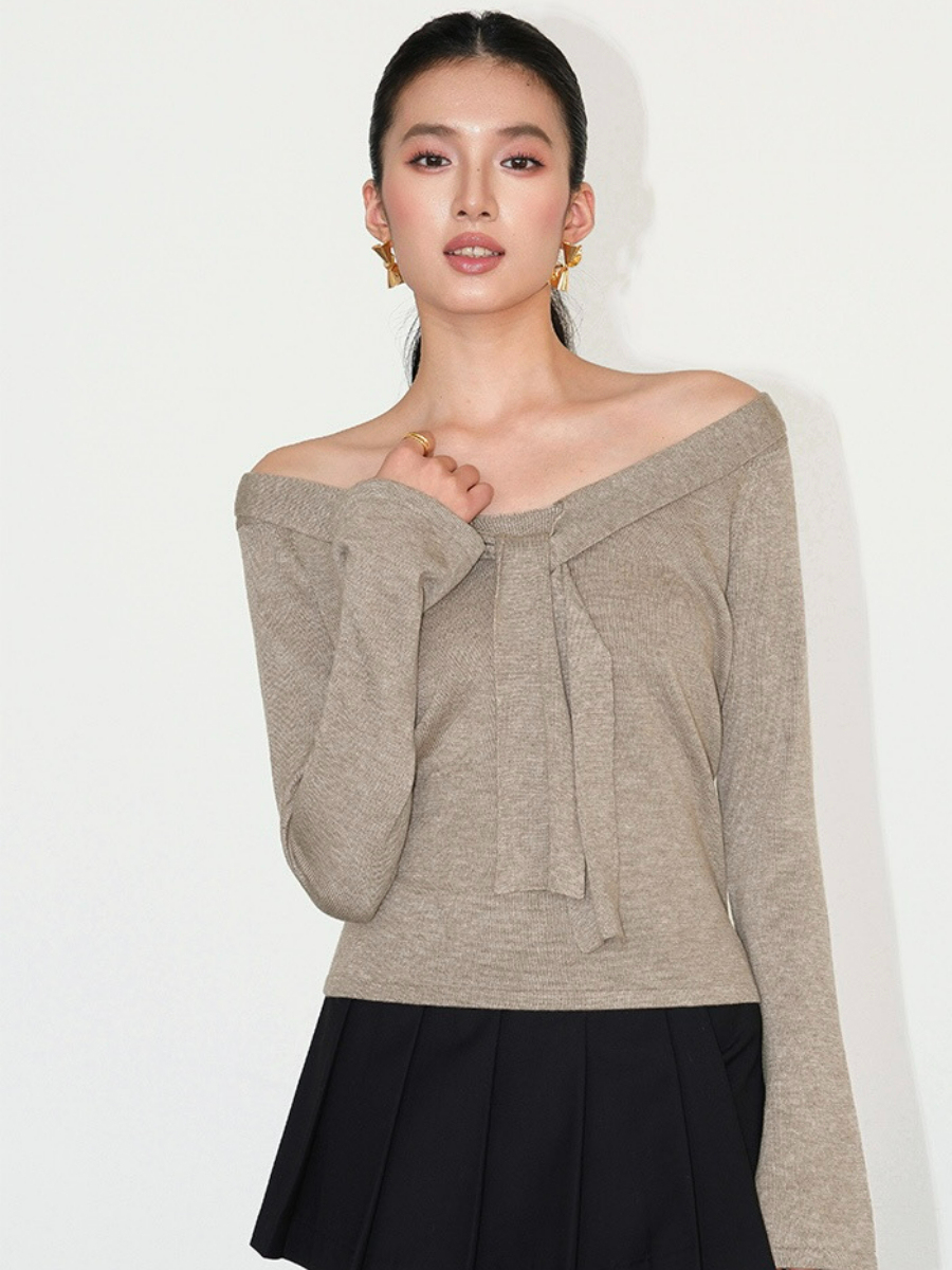 Joey Off Shoulder Tie Front Knit Top-The Black Bow-