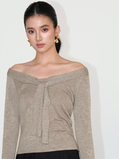 Joey Off Shoulder Tie Front Knit Top-The Black Bow-