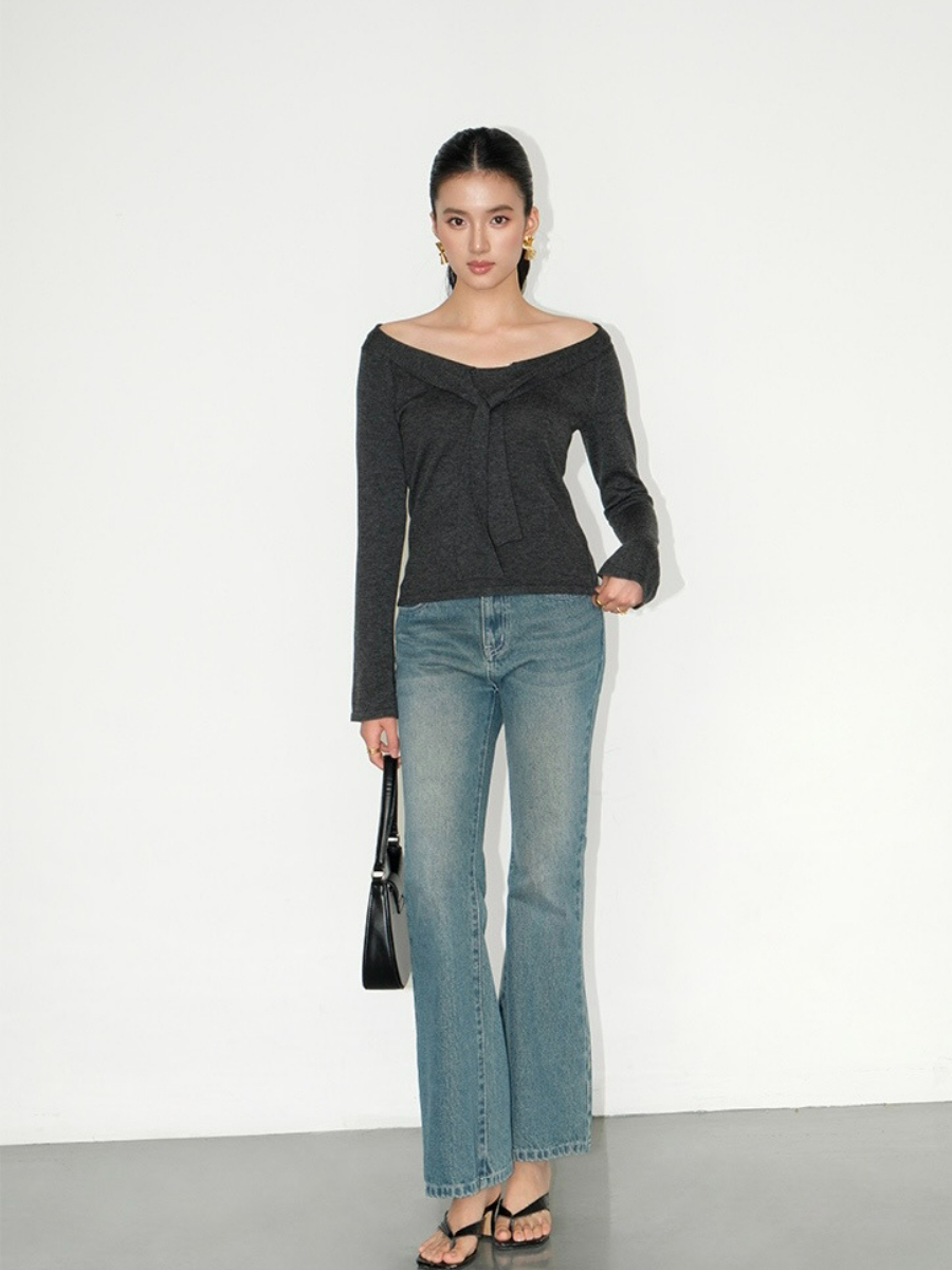 Joey Off Shoulder Tie Front Knit Top-The Black Bow-