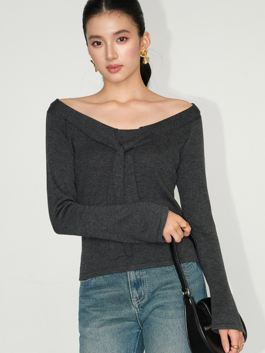 Joey Off Shoulder Tie Front Knit Top-The Black Bow-