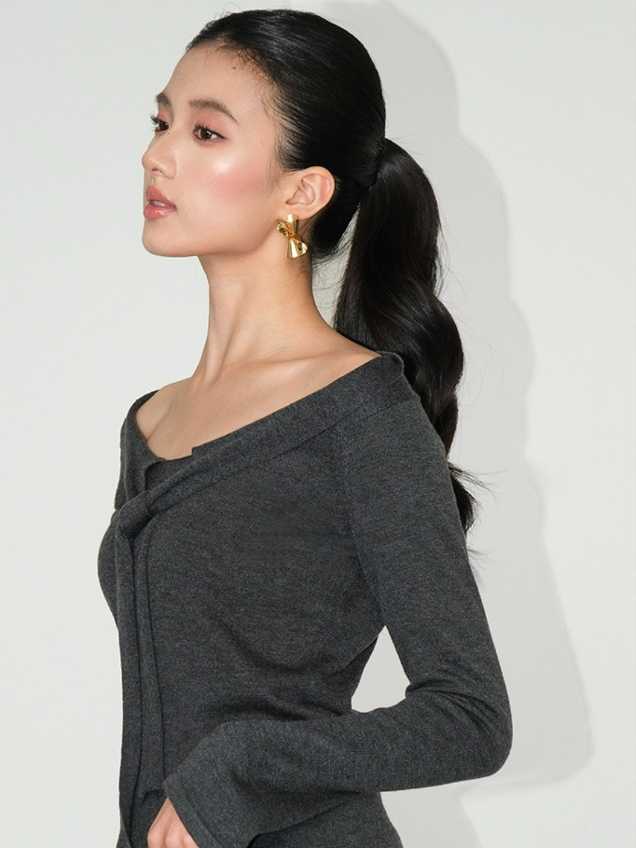 Joey Off Shoulder Tie Front Knit Top-The Black Bow-