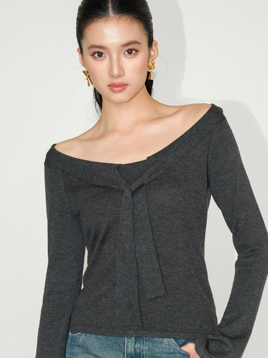 Joey Off Shoulder Tie Front Knit Top-The Black Bow-