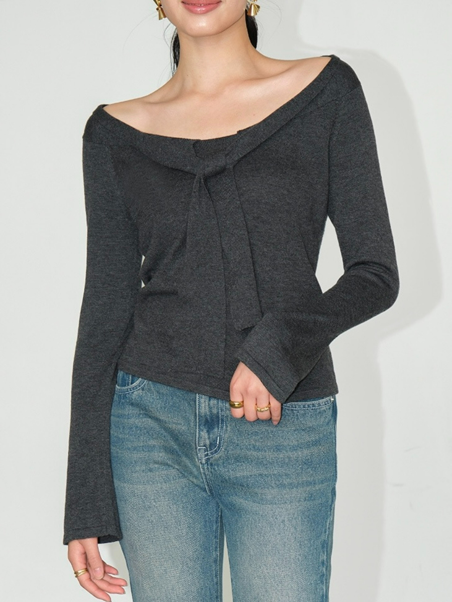 Joey Off Shoulder Tie Front Knit Top-The Black Bow-