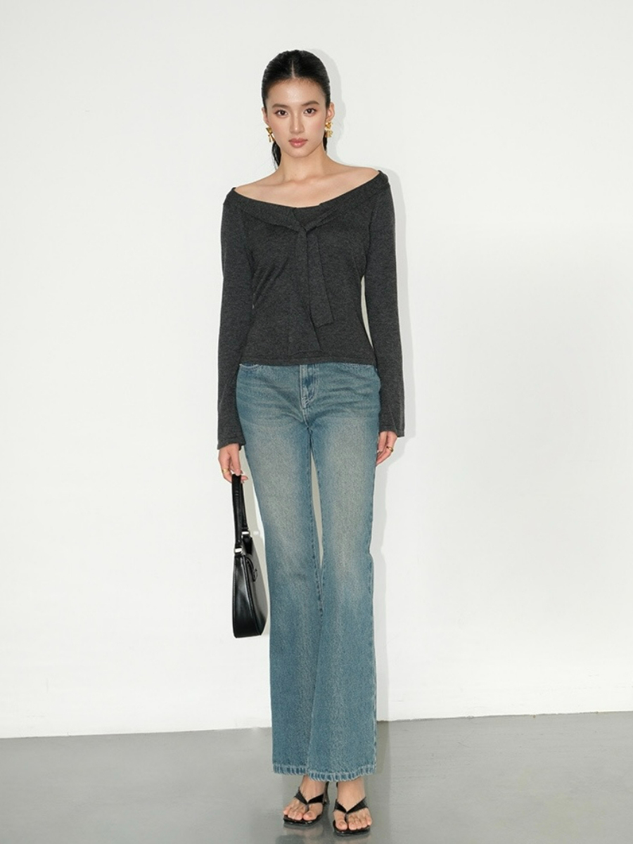 Joey Off Shoulder Tie Front Knit Top-The Black Bow-