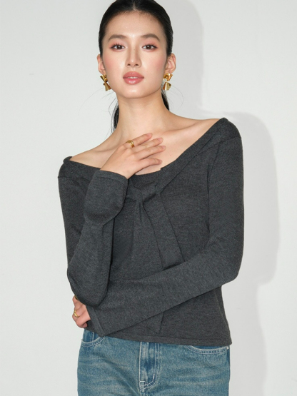 Joey Off Shoulder Tie Front Knit Top-The Black Bow-