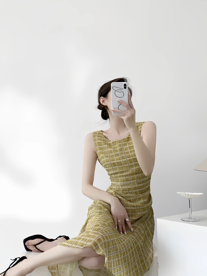 Mavys Vintage Check Bias-Cut Dress