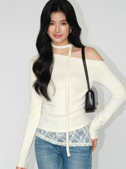 Jaylin Lacey Trim One Shoulder Top-The Black Bow-