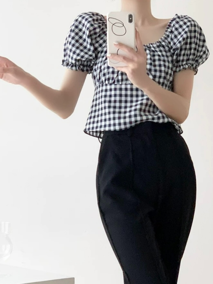 Maple Puff Sleeve Checked Blouse