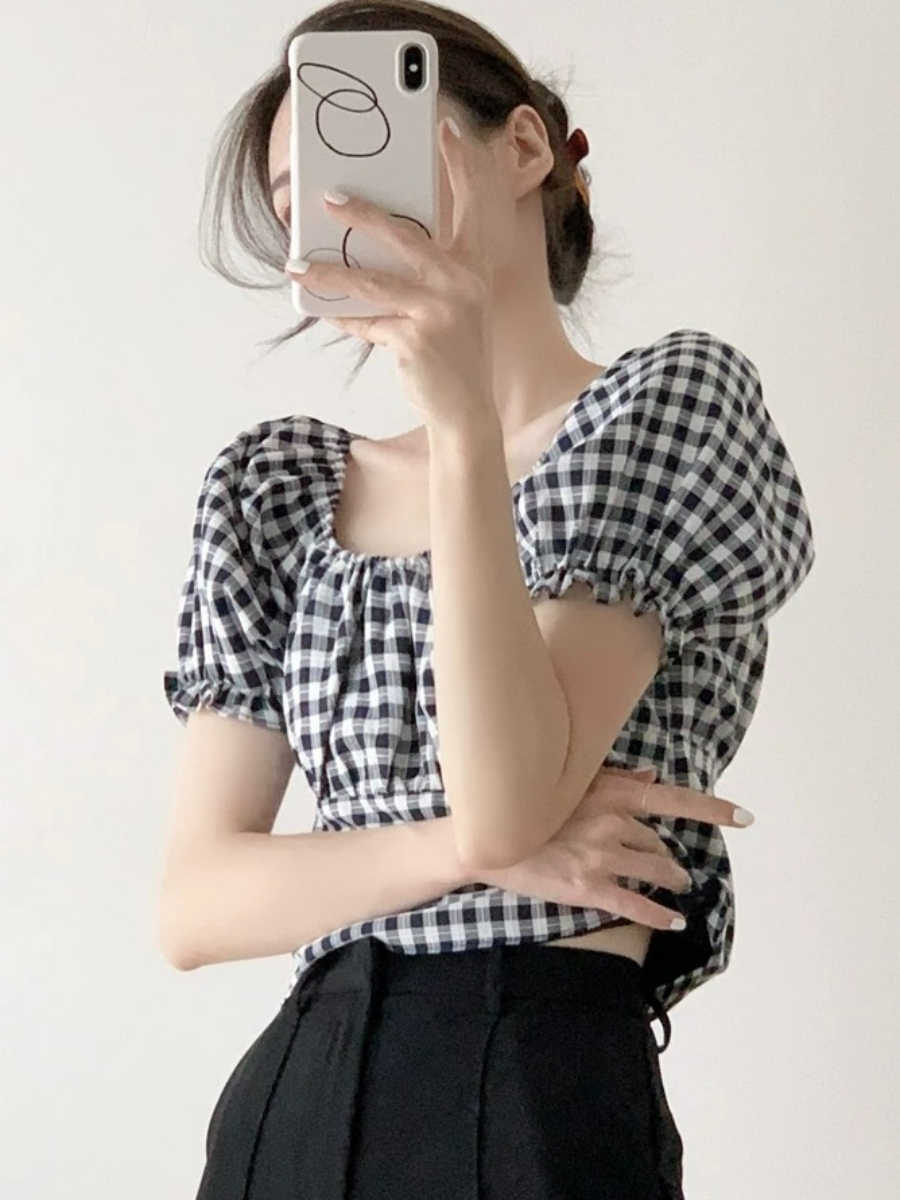 Maple Puff Sleeve Checked Blouse
