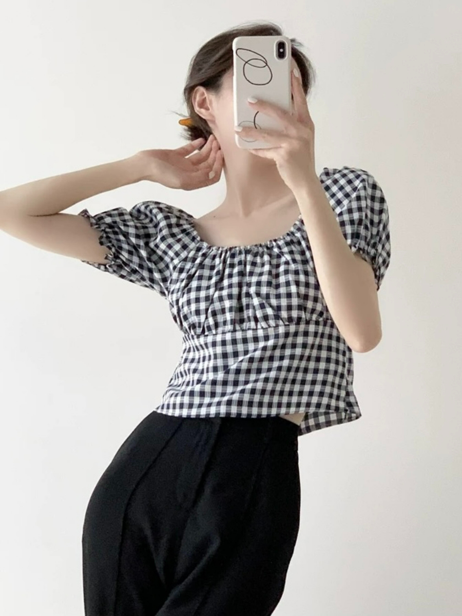 Maple Puff Sleeve Checked Blouse