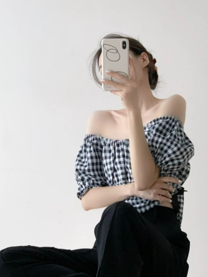 Maple Puff Sleeve Checked Blouse