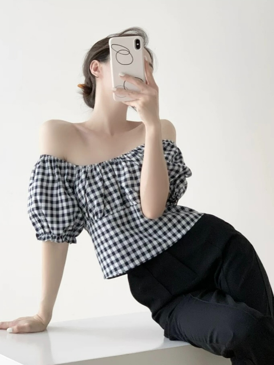 Maple Puff Sleeve Checked Blouse