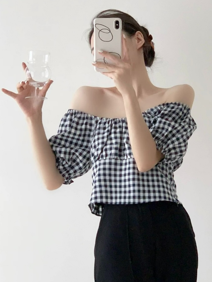 Maple Puff Sleeve Checked Blouse