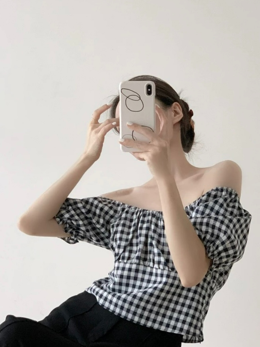Maple Puff Sleeve Checked Blouse